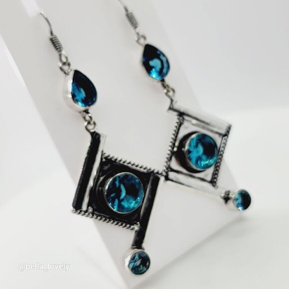 Unique Blue Topaz Handmade Drop Dangle Earrings Jewelry 2.95" - Picture 4 of 7